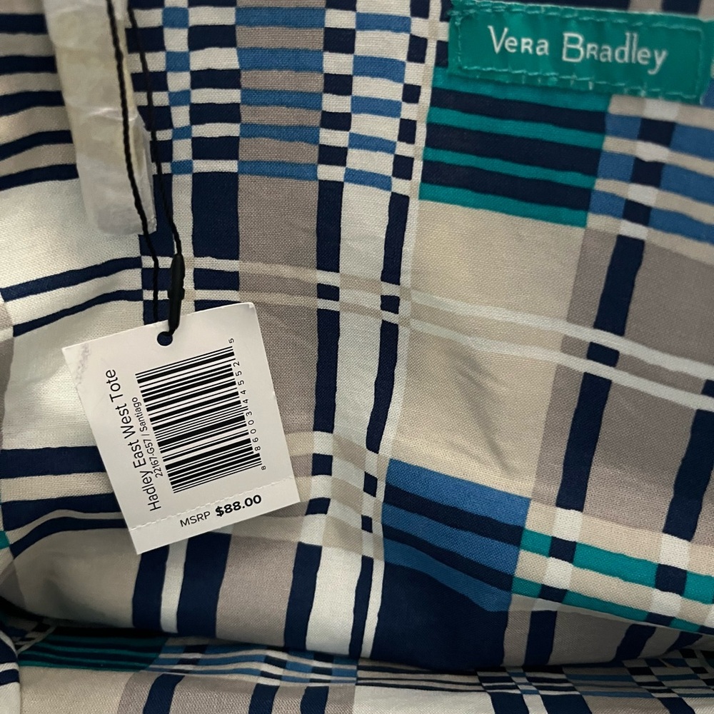 Vera Bradley Hadley East West Teal Blue Navy Gray Floral White Cotton Tote - Picture 3 of 3